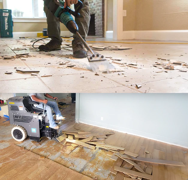 Flooring demolition in progress